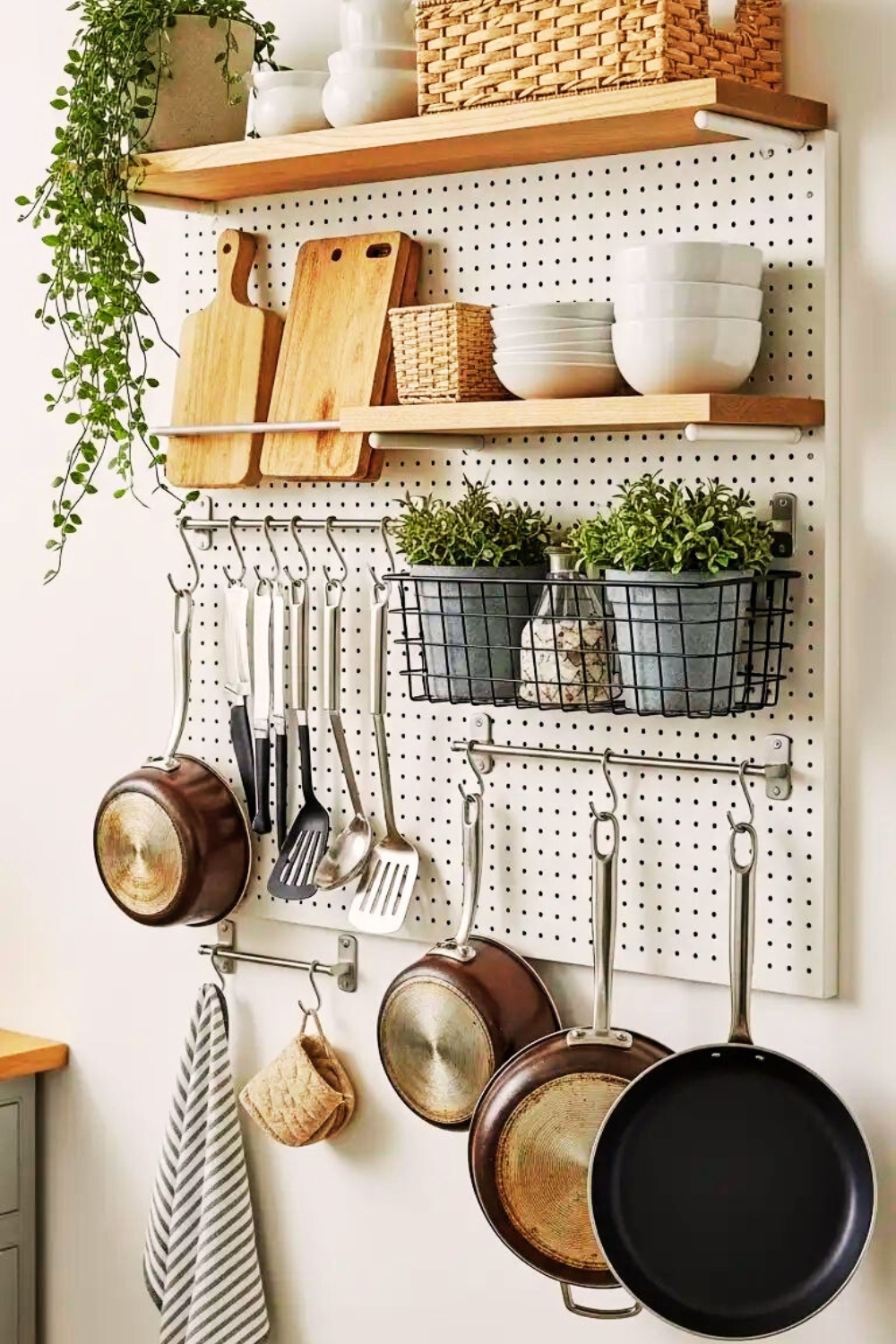 Pegboard Wall Storage idea for small space kitchen